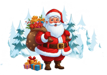 Cheerful cartoon santa claus character standing with a large sack full of colorful presents and gifts in front of a snowy forest background isolated on transparent background