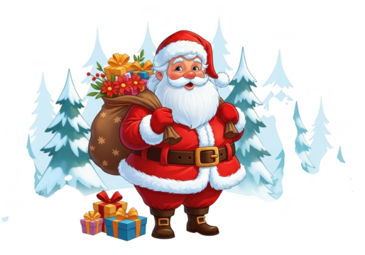 Cheerful cartoon santa claus character standing with a large sack full of colorful presents and gifts in front of a snowy forest background isolated on transparent background