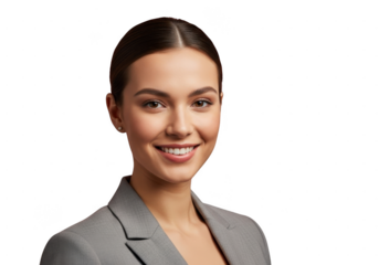 Portrait of a smiling young professional businesswoman in a gray blazer isolated on transparent background