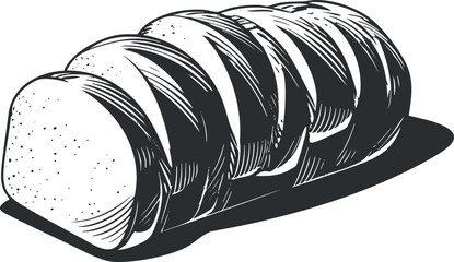 Monochrome illustration of a sliced loaf of bread, showcasing a vintage and traditional style.
