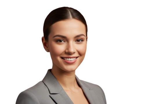 Portrait of a smiling young professional businesswoman in a gray blazer isolated on transparent background