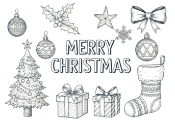 Collection of hand drawn christmas elements in sketch style including tree ornament bow holly star snowflake gift and stocking isolated on transparent background