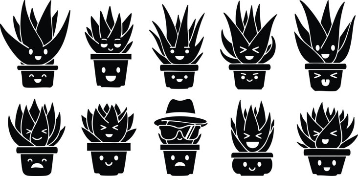 Humorous potted plants with faces featuring unique expressions and styles in a playful vector illustration 