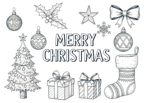 Collection of hand drawn christmas elements in sketch style including tree ornament bow holly star snowflake gift and stocking isolated on transparent background