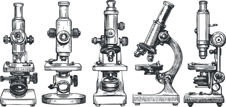 Hand-drawn illustration of vintage microscopes showcasing classic scientific equipment and design.