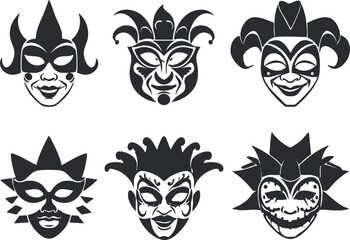 Naklejka premium Set of six black and white jester masks with playful and ornate designs for carnival.