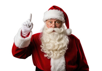 Portrait of santa claus wearing red suit and hat with white beard pointing finger up isolated on transparent background