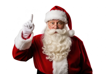 Portrait of santa claus wearing red suit and hat with white beard pointing finger up isolated on transparent background
