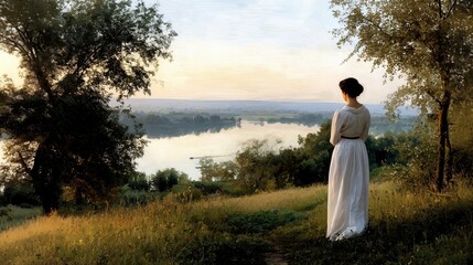 Woman in vintage white gown standing on sandy dunes, facing the sea at sunset, surrounded by tall grass and dramatic sky