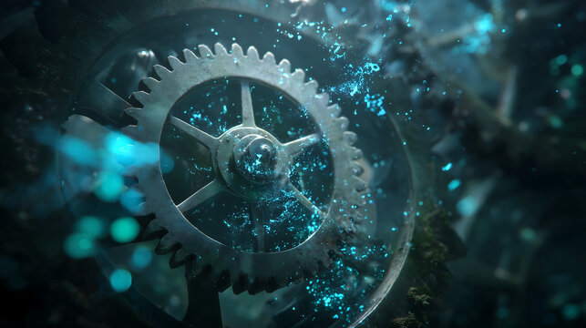 Underwater gears with glowing blue particles and radial spokes