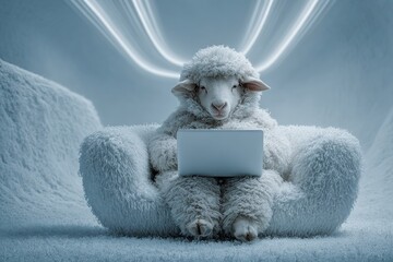 Obraz premium Cute sheep delighted by technology in bright morning room. Morning sheep. Why crypto trading may not be the escape you expect. Avoid crypto loss. Crypto danger alert.