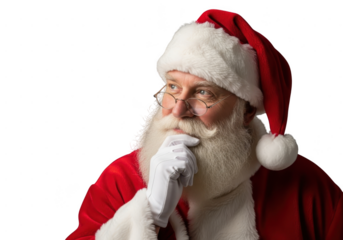 Thoughtful santa claus portrait wearing red suit and hat with white beard, isolated on transparent background
