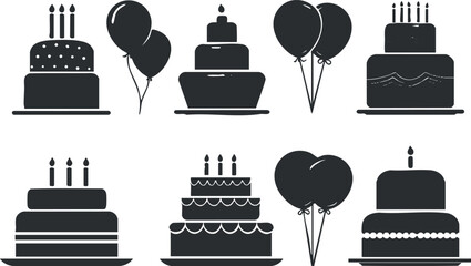 Silhouette illustration of various cakes with balloons, ideal for birthday and celebration themes.