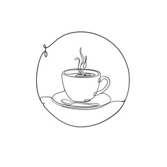 Hand-drawn continuous line art of a warm coffee cup on a plate. Minimal artwork, aesthetic and trendy for editorial use, lifestyle blogs, and cozy-themed designs.