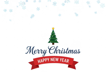 Merry christmas and happy new year greeting design with small green tree and falling snowflake border isolated on transparent background