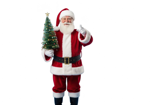 Cheerful santa claus holding a small decorated christmas tree and giving a thumbs up gesture, isolated on transparent background