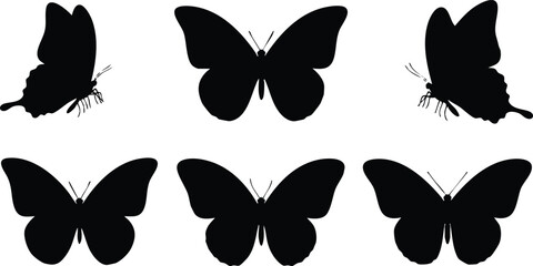 Butterfly silhouettes collection in various poses for creative designs and artwork 
