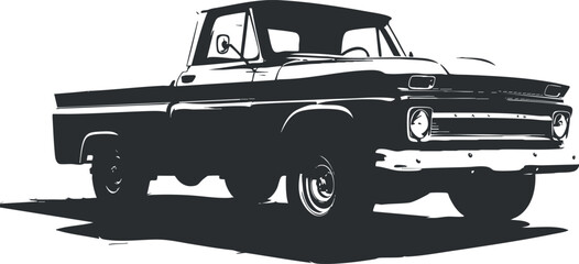 Black and white illustration of a vintage pickup truck in silhouette style.