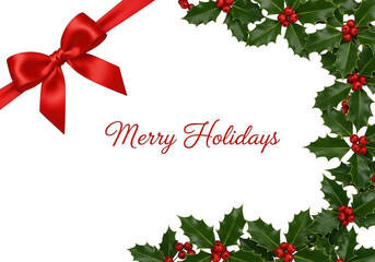 Festive holiday greeting card design featuring a shiny red satin bow in the corner and a border of green holly leaves with red berries on a transparent background