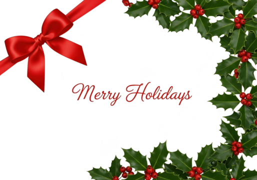 Festive holiday greeting card design featuring a shiny red satin bow in the corner and a border of green holly leaves with red berries on a transparent background