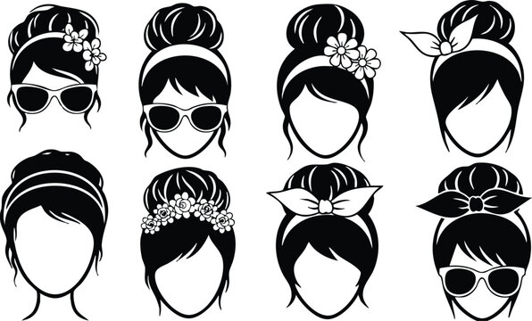 Stylish women with various updo hairstyles and accessories for modern fashion illustration 