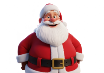 A cheerful 3d rendering of santa claus wearing his traditional red suit and hat with a thick white beard, isolated on transparent background