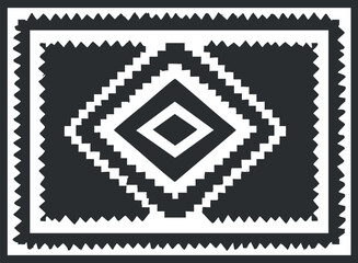 Obraz premium Black and white geometric pattern with diamond shapes and zigzag border, resembling a rug design.