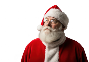 Portrait of a thoughtful santa claus wearing a red suit and hat with white beard isolated on transparent background
