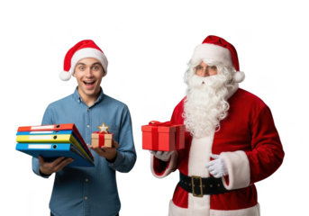 Happy young man receiving a small gift box from santa claus who is holding a red present, isolated on transparent background