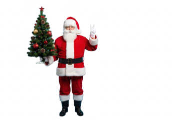 Full length shot of santa claus holding a small decorated christmas tree in one hand and making a peace sign with the other, isolated on transparent background
