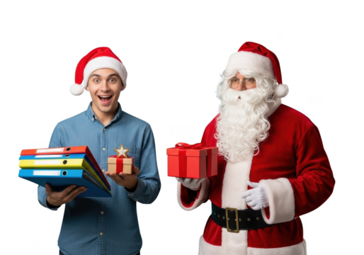 Happy young man receiving a small gift box from santa claus who is holding a red present, isolated on transparent background