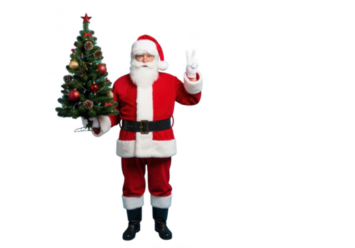 Full length shot of santa claus holding a small decorated christmas tree in one hand and making a peace sign with the other, isolated on transparent background