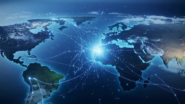 Global connections map with glowing lines and nodes on a world map at night with a dark blue background and a bright light at the center.