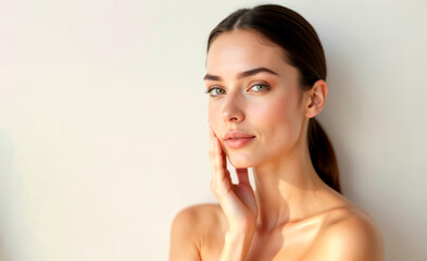 Smiling brunette woman with natural makeup and clean skin looking at the camera for a beauty studio fashion shoot