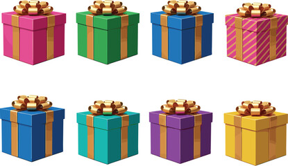 Colorful luxury gift boxes with golden bows, festive present collection, holiday celebration packages, elegant wrapped gifts for Christmas, birthdays, special events