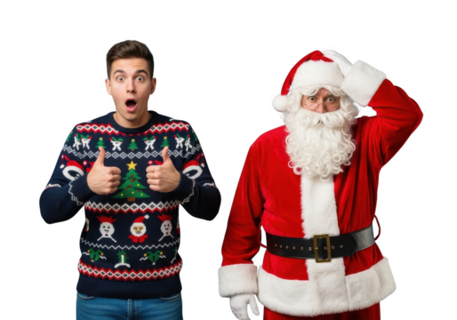 Surprised young man in ugly christmas sweater giving thumbs up next to confused santa claus isolated on transparent background - Powered by Adobe