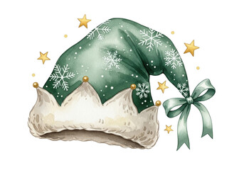 Watercolor illustration of a festive green elf hat decorated with white snowflakes and gold stars, isolated on transparent background