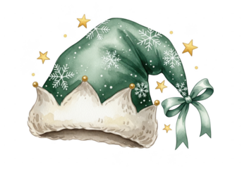 Watercolor illustration of a festive green elf hat decorated with white snowflakes and gold stars, isolated on transparent background