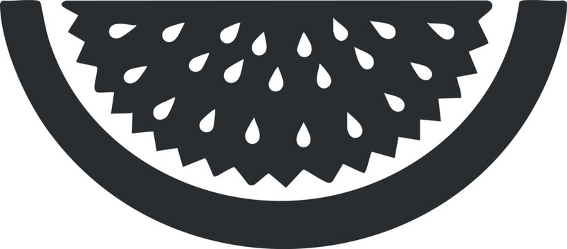 Black and white abstract watermelon slice icon with seeds in a minimalist design.