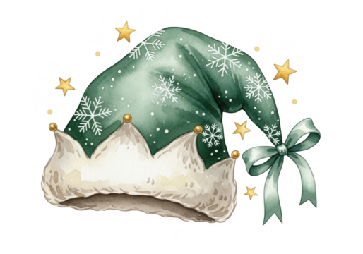 Watercolor illustration of a festive green elf hat decorated with white snowflakes and gold stars, isolated on transparent background