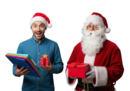 Surprised young man in casual shirt next to santa claus holding gift box and colorful folder isolated on transparent background - Powered by Adobe