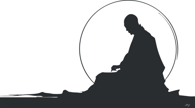 Silhouette of a meditating monk within a circle, symbolizing peace and mindfulness.