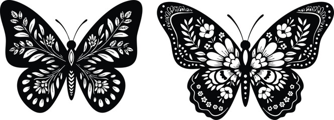Intricate butterfly designs featuring floral patterns for creative projects and artistic expressions 