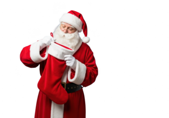 Santa claus in red suit putting gift into large stocking isolated on transparent background
