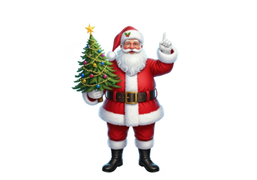 Cheerful santa claus character holding a small decorated christmas tree and pointing upwards, isolated on transparent background
