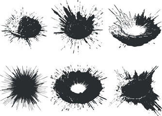 Set of six abstract black ink splatter designs on a white background, showcasing dynamic bursts.