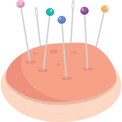 Pink Pincushion with Multiple Sewing Needles and Colorful Pins on Transparent Background