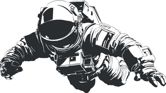 Black and white illustration of an astronaut in a spacesuit floating in space.