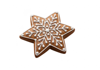 Delicious star shaped gingerbread cookie decorated with white royal icing snowflake pattern, isolated on transparent background