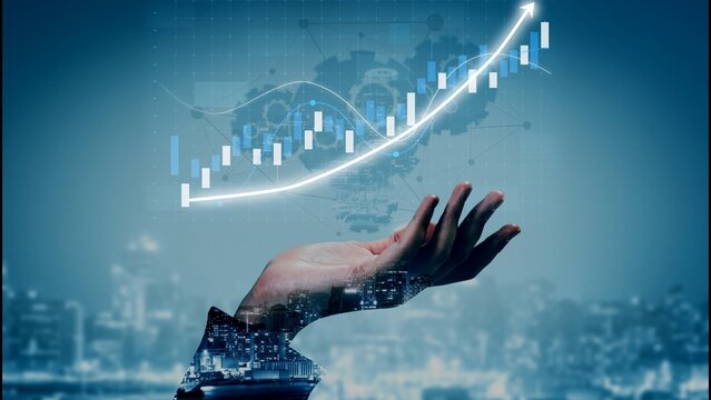 This creative image depicts a hand reaching for a digital financial graph, symbolizing growth, strategy, and innovation in business analysis and data visualization. Copula - Powered by Adobe